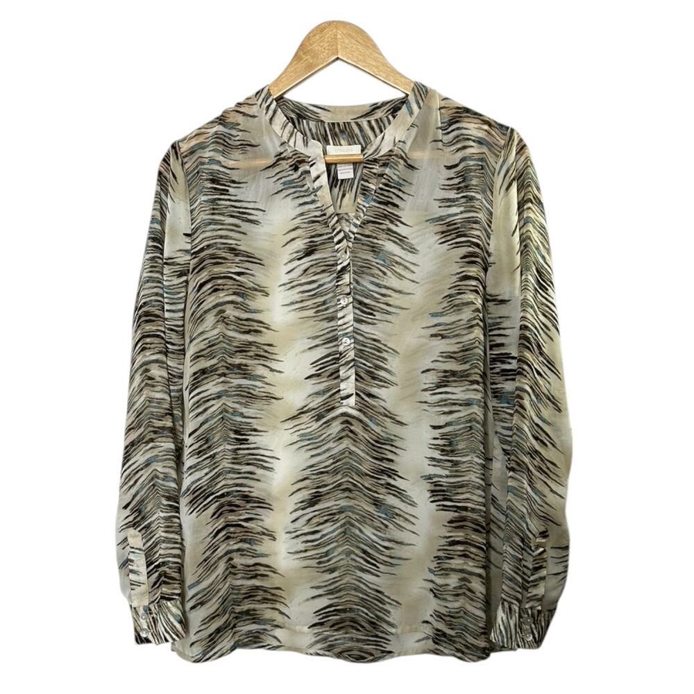 Chico's Chiffon Sheer Feather Print Henley Neck Popover Blouse Women's Medium